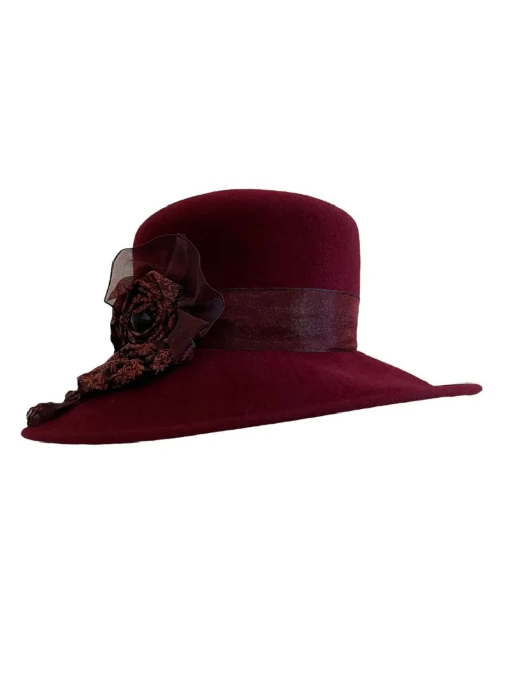 Louise Green Burgundy Wool Felt Wide Brim Hat With Floral Ribbon Detail